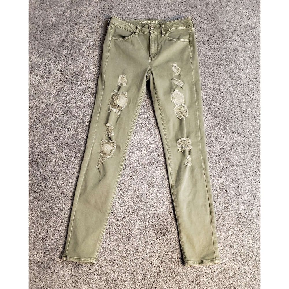 American Eagle Jeans Womens 8 Green Hi Rise‎ Jegging Distressed Stretch Denim